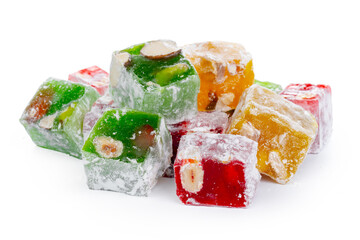 Bunch of colorful Turkish Delight sweets isolated on white