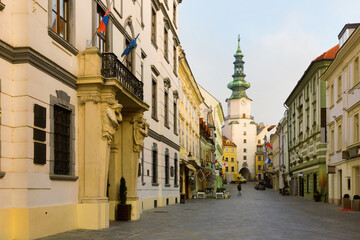 Image of centre of Bratislava with Michael's Gate in the background, Slovakia.