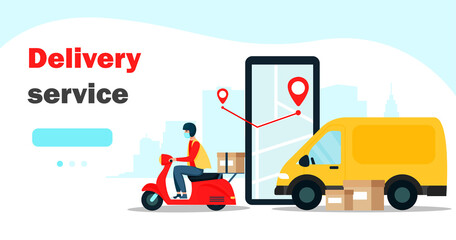 Online delivery service concept, online order tracking, home and office delivery. Courier. Commercial customer order for web banners. Vector illustration
isolated on white background.