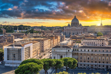Fototapeta na wymiar Rome Vatican Italy, high angle view sunset city skyline at Rome city center