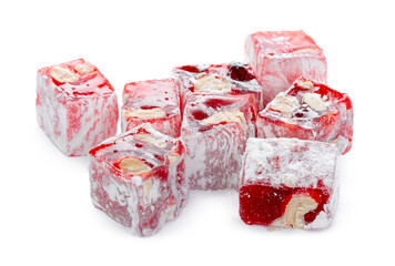 Close up of red Turkish Delight sweets isolated on white