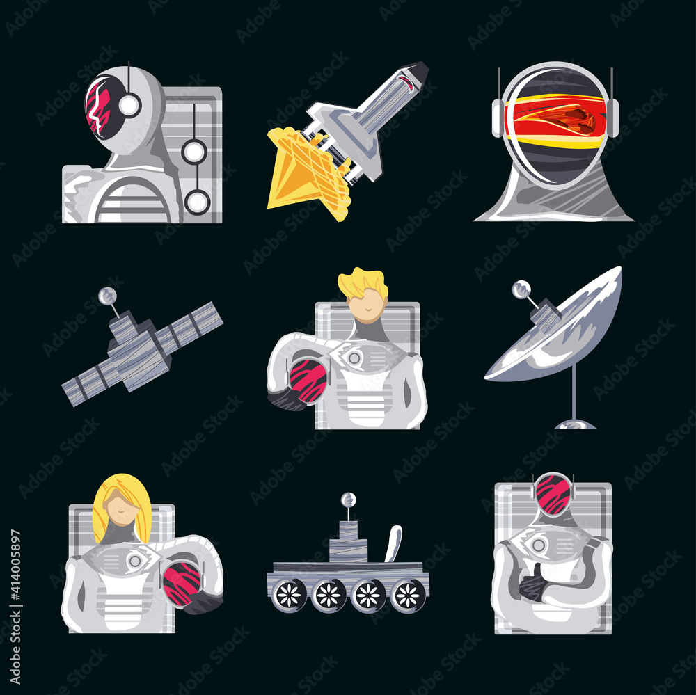 Sticker space icon set astronaut rover antenna satellite spaceship