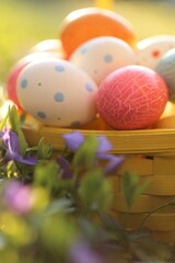 Easter holiday.Easter eggs in a yellow basket in purple spring flowers on a blurred spring garden background in the morning sun. festive easter background.Spring Religious Holiday Symbol