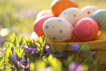 Fototapeta na wymiar Easter holiday.Easter eggs in a yellow basket in purple spring flowers on a blurred spring garden background in the morning sun.Spring festive easter background.Spring Religious Holiday Symbol