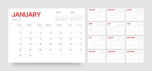 Wall or desk calendar template for 2022 with week start on Sunday.