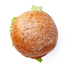 Cooked burger isolated on white background top view