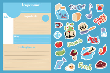 Cartoon recipe card template and food cooking stickers. Cook book page vertical format A5 size. Kids cooking class