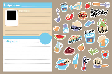 Recipe card template and food cooking stickers. Cook book page vertical format A5 size.