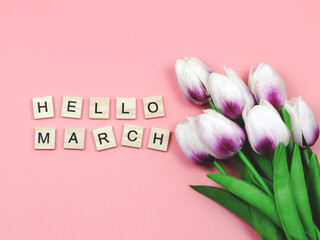 flat lay of wooden letter HELLO MARCH on pink background with purple and white tulip bouquet...