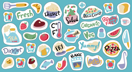 Food cooking stickers, vector illustration with white outline. Doodle objects and lettering stickers for cook book
