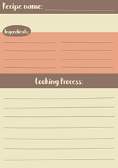 Vertical recipe template in warm color palette, A5 vertical format. Blank cookbook page in cozy retro style.