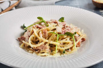 Pasta Carbonara with Bacon and Microgreens