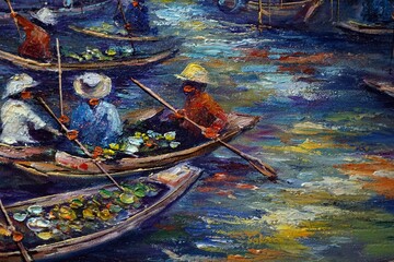 Art painting Oil color Floating market Thailand  , rural thailand , Thailand  life