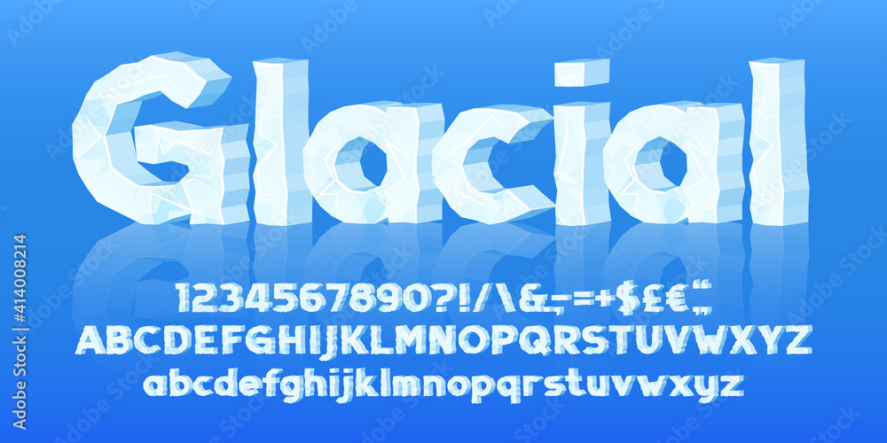 Fototapete glacial alphabet font. 3d cartoon ice letters, numbers and symbols. uppercase and lowercase. stock v