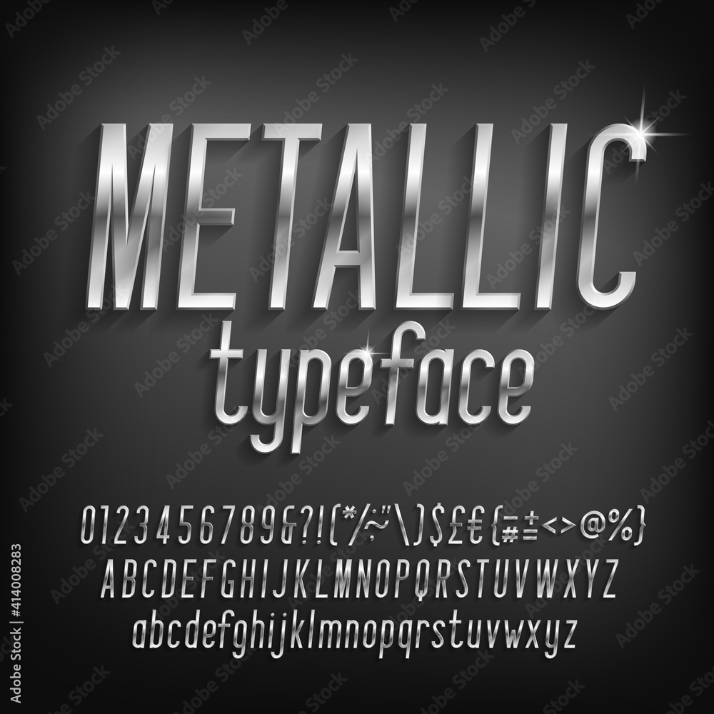 Poster metallic alphabet font. beveled chrome letters, numbers and punctuation with shadow. stock vector ty