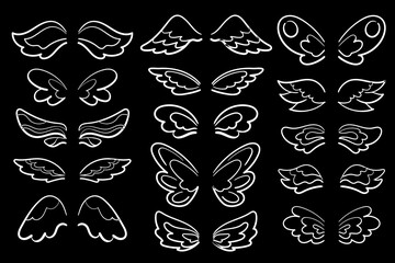 Chalk wing white line art, vector illustration on black background. White wing of angel, muse, fairy character