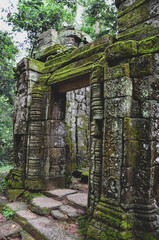 Fototapeta na wymiar The view of Ta Prohm temple in Siem Reap in Cambodia. Angkor complex. Moss covered stones.