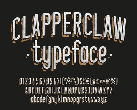 Clapperclaw alphabet font. Vintage narrow letters, numbers and symbols. Uppercase and lowercase. Stock vector typescript for your typography design.