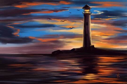 lighthouse and sea landscape, sunset hand drawn art illustration painted with watercolors