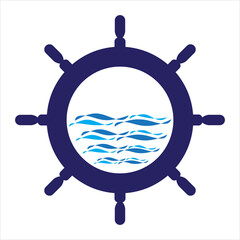 Nautical navy cruise sign. Ship steering wheel and wave vector logo design.