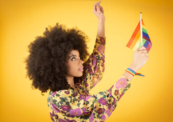 Beautiful mixed African American lesbian woman with LGBT rainbow flag. Curly haired young woman posing with lgbt pride flag.