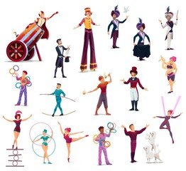 Fototapeta na wymiar Circus cartoon characters vector performers, top tent artists clown, acrobat and man cannon ball. Trained dogs, juggler, magician or trapeze girl, woman with snake, balancer and tamer with gymnast set