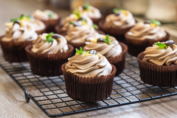 Homemade chocolate cupcakes with tiramisu cream, chocolate coffee beans and mint.