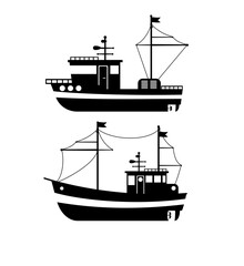 Silhouette of the Fishing Boat, Side View, Commercial Fishing Trawler, Industrial Seafood Production, Water Transport, Sea or Ocean Transportation Vector Illustration