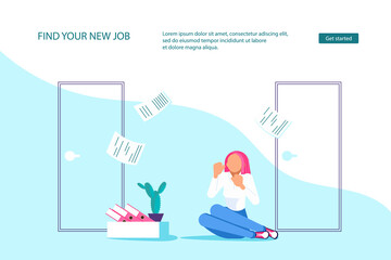 Landing webpage template of dismissal employees. Unemployment, jobless and employee job reduction metaphor. Economic crisis caused by coronavirus. Isolated on purple. Flat Art Vector Illustration
