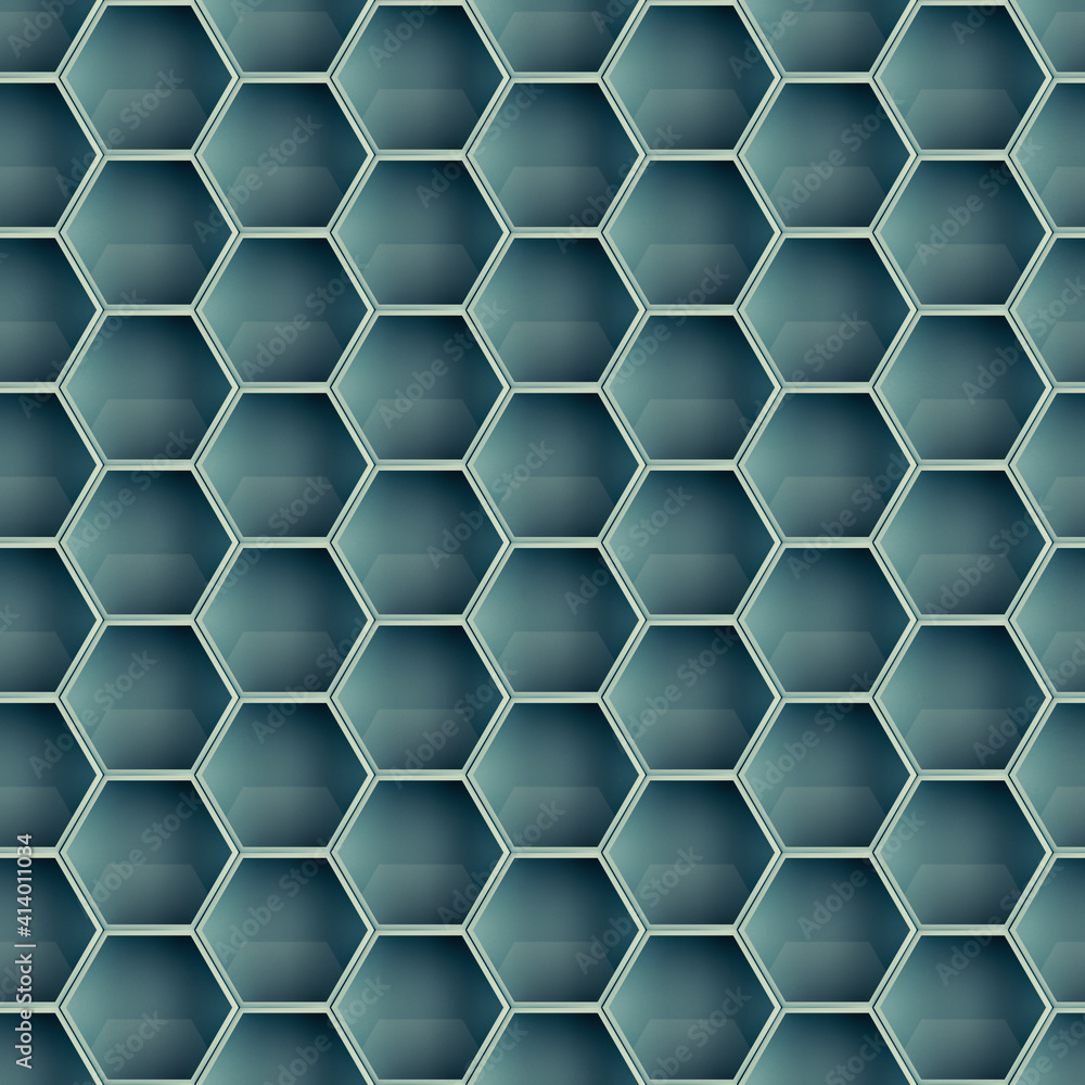 Poster seamless pattern of teal hexagon tiles 3d rendering illustration