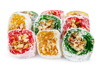 Colorful Turkish delight with nuts in powdered sugar isolated on white