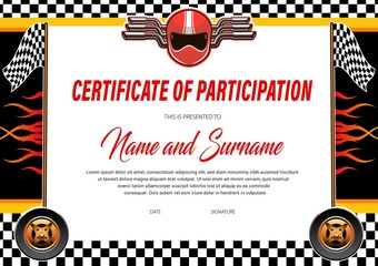Car racing certificate diploma template, rally sport championship, vector award. Car races gear cup participation honor prize with start or finish flag, champion helmet and automobile wheels