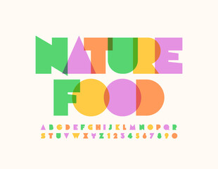 Vector creative logo Nature Food. Bright abstract Font. Colorful Alphabet Letters and Numbers set