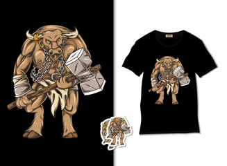 Minotaur mascot vector. Minotaur holding hammer illustration with t shirt design