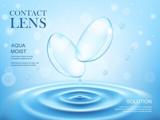 Contact lenses or eye lens in water splash solution, vector drops and ripples background. Contact lenses 3D, product package ad, realistic contacts in aqua moist drops, blur and water ripples