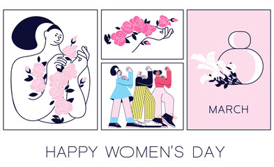 Happy Women's Day flyer, poster. Social media banner with women celebrating spring holidays with flowers. March 8 poster template or greeting card design. Flat Art Vector illustration