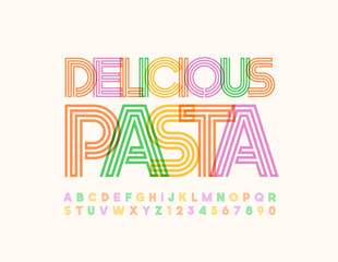 Vector modern logo Delicious Pasta. Colorful maze Font. Bright Alphabet Letters and Numbers set