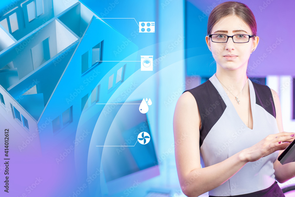 Poster the girl is a developer of the smart home system. a woman looks into the camera next to a mock-up of