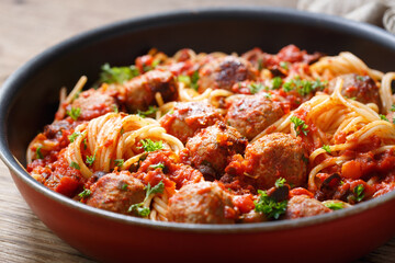 pan of pasta with meatballs