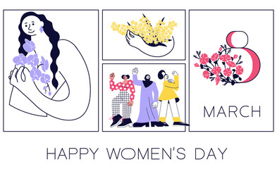 Happy Women's Day flyer, poster. Social media banner with women celebrating spring holidays with flowers. March 8 poster template or greeting card design. Flat Art Vector illustration