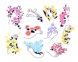 Set of Hands holding bouquet of blooming flowers to gift. Collection of floral decorative design elements, colorful blossoms bunches isolated on white background. Flat Art Vector illustration