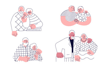 Set of senior couples hugging each other. Elderly people in relationships. Flat Art Vector illustration