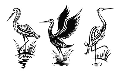 Heron or wader birds vector icons, black hern silhouettes stand in swamp water with reeds. Egrets with ornate body wading in marsh side view, tattoo design emblems isolated on white background set - obrazy, fototapety, plakaty