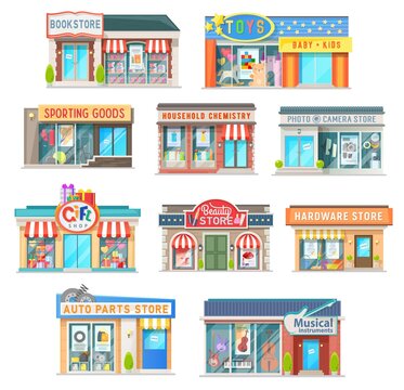 Shop and store building isolated vector icons of retail architecture. Book, auto parts, gifts and hardware shop, household chemistry, musical instruments and toys, sporting goods and beauty store