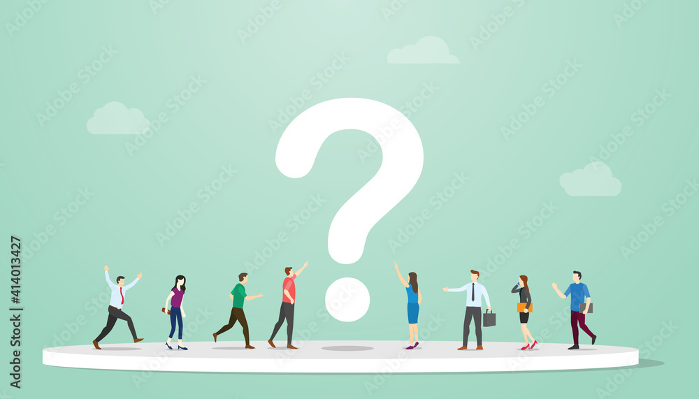 Poster searching or search for answers concept with people and question mark around with modern flat style