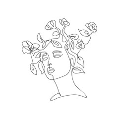 Woman Head with Flowers Continuous Line Drawing. One Line Abstract Portrait. Woman Minimalist Contour Wall Art Design. Vector EPS 10.