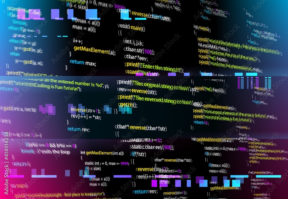 Leinwandbilder Abstract background with glitched program code parts. Vector black monitor screen with distortion and glitch effect, computer error or bug. Backdrop with programming language and random glowing pixels