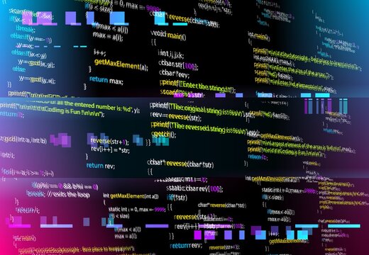 Abstract background with glitched program code parts. Vector black monitor screen with distortion and glitch effect, computer error or bug. Backdrop with programming language and random glowing pixels
