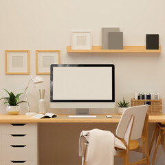 3D rendering, home office room with computer, supplies and decorations, 3D illustration