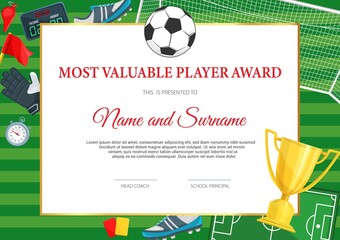 Certificate of achievement in soccer game. Football player diploma vector template with ball and golden goblet. Sports team award border design, diploma for participation in soccer tournament league